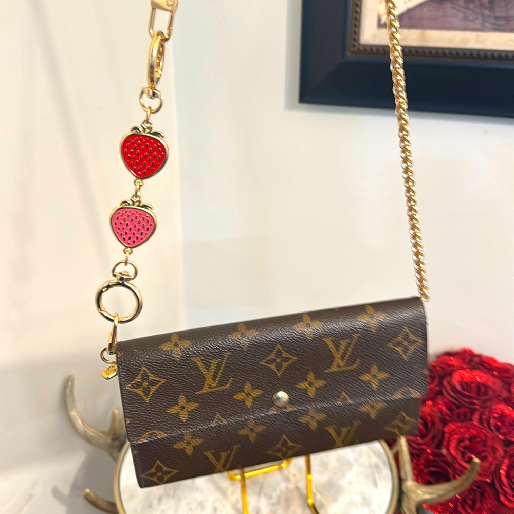 Louis Vuitton Monogram Brown Leather Crossbody Wallet with Gold Chain